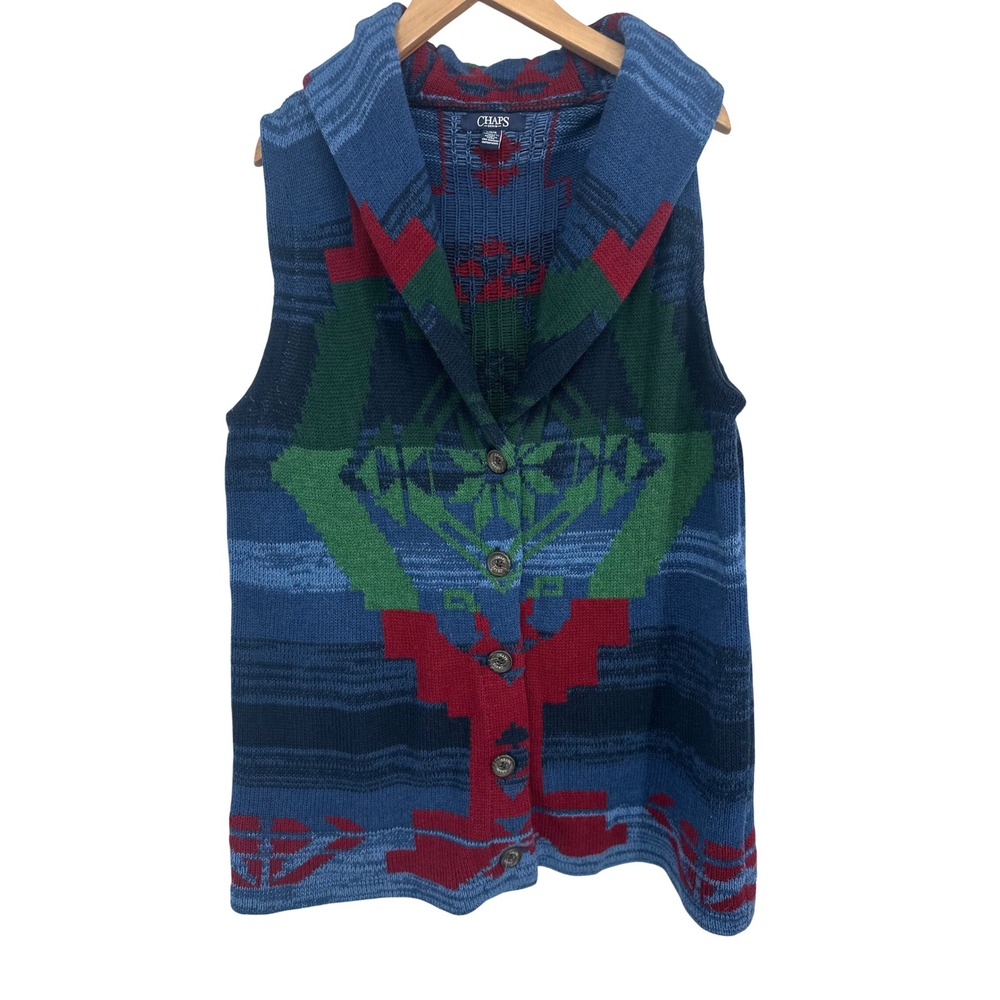 Vintage Chaps Denim Sweater Vest Mens L Blue Aztec Southwestern Shawl Collar